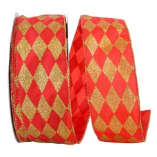 2.5 Inch Red And Gold Wired Christmas Ribbon With Diamond Check Pattern And Gold Edges, 50 Yard Spool (1 Spool) SALE ITEM